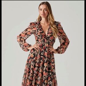 Astr Fall Floral Long Sleeve Dress with Open Back